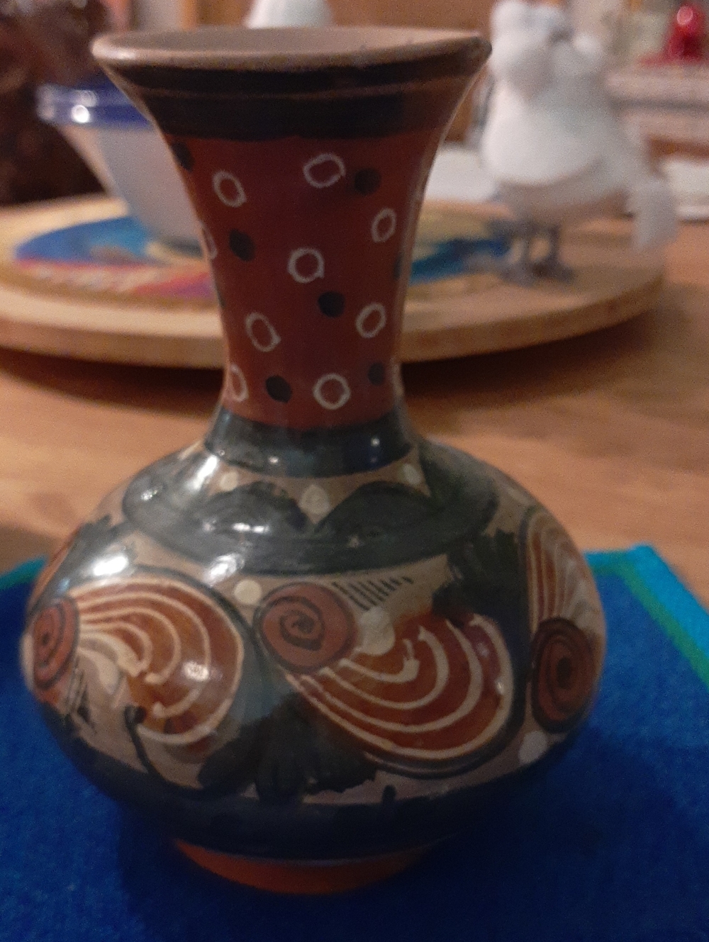 Hand-Painted Decorative Ceramic Bud Vase in Terracotta and Dark Green